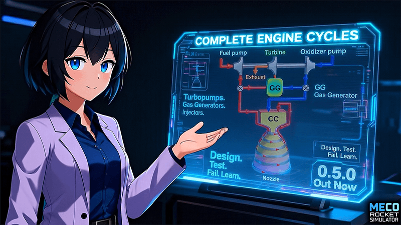 The Meco 0.5 announcement art. Miku Aoyama presents a gas generator cycle diagram, fuel pump, turbine and oxidizer pump feeding a gas generator and combustion chamber, headed Complete Engine Cycles, with 0.5.0 Out Now beneath it.