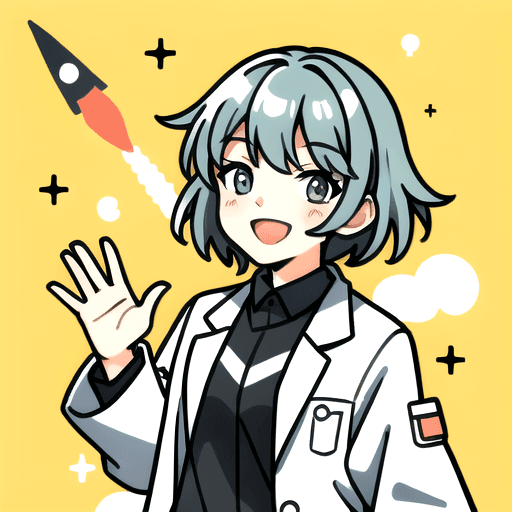 A Meco engineer waving, with a rocket climbing behind her.