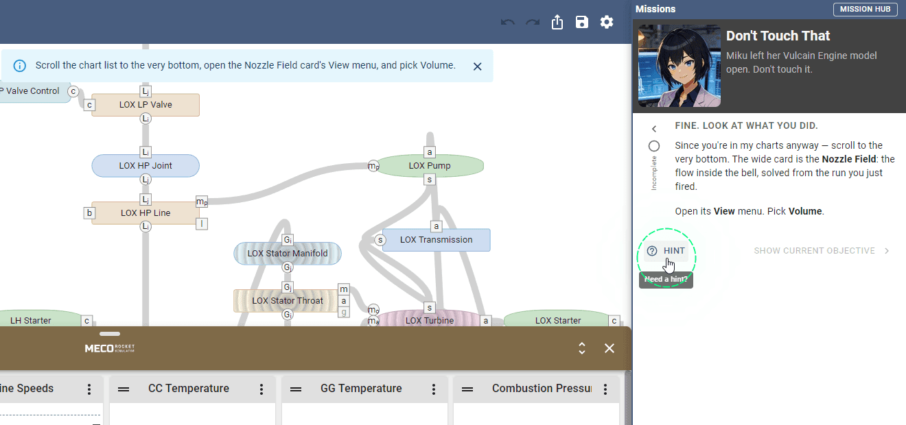 Mission 0 in progress. Miku Aoyama's brief fills the right panel, telling you to look at what you did and where to find the Nozzle Field card, with the Need a hint? control highlighted beneath it and the Vulcain flow network alongside.