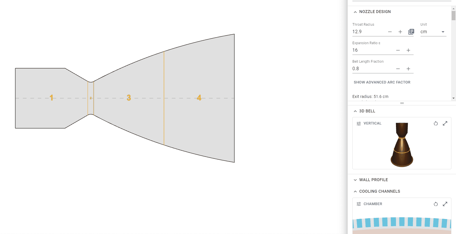 The Thrust Chamber editor. The nozzle contour is drawn in section with its four numbered stations, and the panel beside it holds a throat radius of 12.9 cm, an expansion ratio of 16 and a bell length fraction of 0.8, with the copper bell rendered in 3D below them.