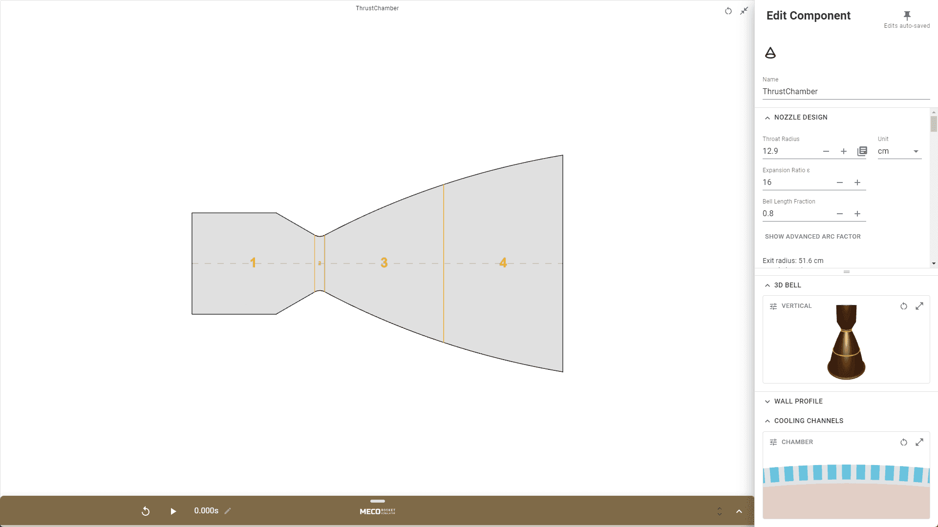 The Thrust Chamber editor. A nozzle contour is drawn in section with its four numbered stations, and the panel beside it holds a throat radius of 12.9 cm, an expansion ratio of 16 and a bell length fraction of 0.8, with the copper bell rendered in 3D underneath.