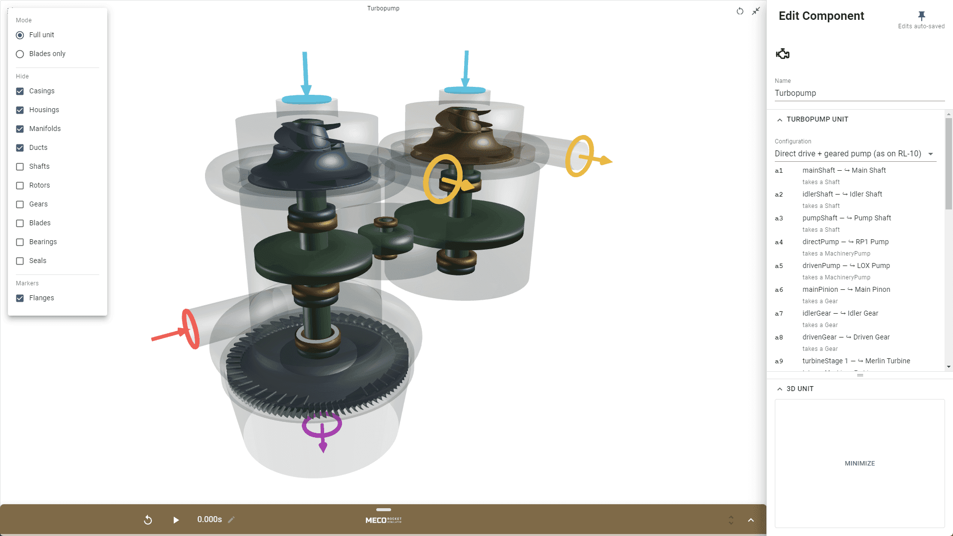 The Turbopump assembly in 3D with casings and housings hidden. Two impellers sit on their shafts above a large gear train, the configuration reads direct drive plus geared pump, and the slot list names every shaft, gear, pump and turbine stage.