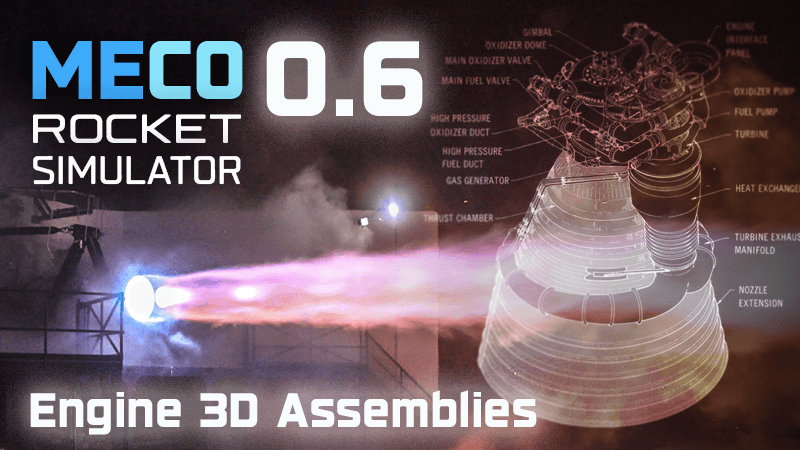 The Meco 0.6 announcement art. An engine fires on a test stand beside a wireframe of the same engine with its ducts, gas generator, turbine and nozzle extension labelled, headed Meco 0.6 Rocket Simulator, Engine 3D Assemblies.