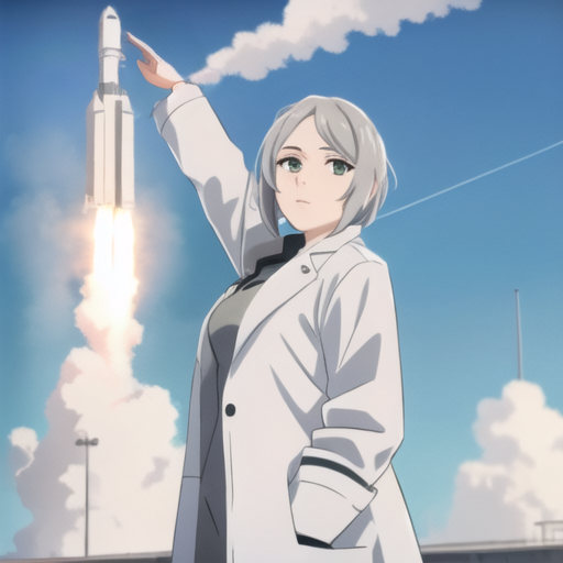 Animated female scientist with a rocket launching in the background in a rocket engine simulation game