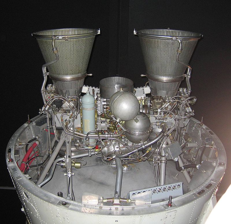 Photograph of the Gamma-2 two-chamber rocket engine mounted on the Black Arrow's second stage