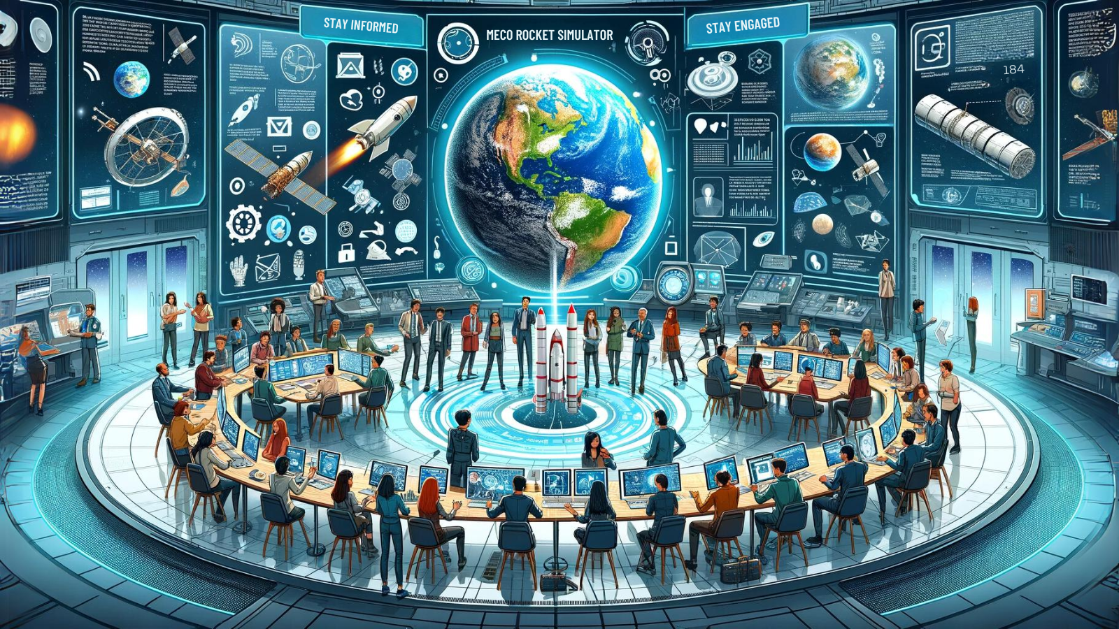 Interactive mission control room scene from MECO Rocket Simulator game with operators at workstations and holographic Earth display