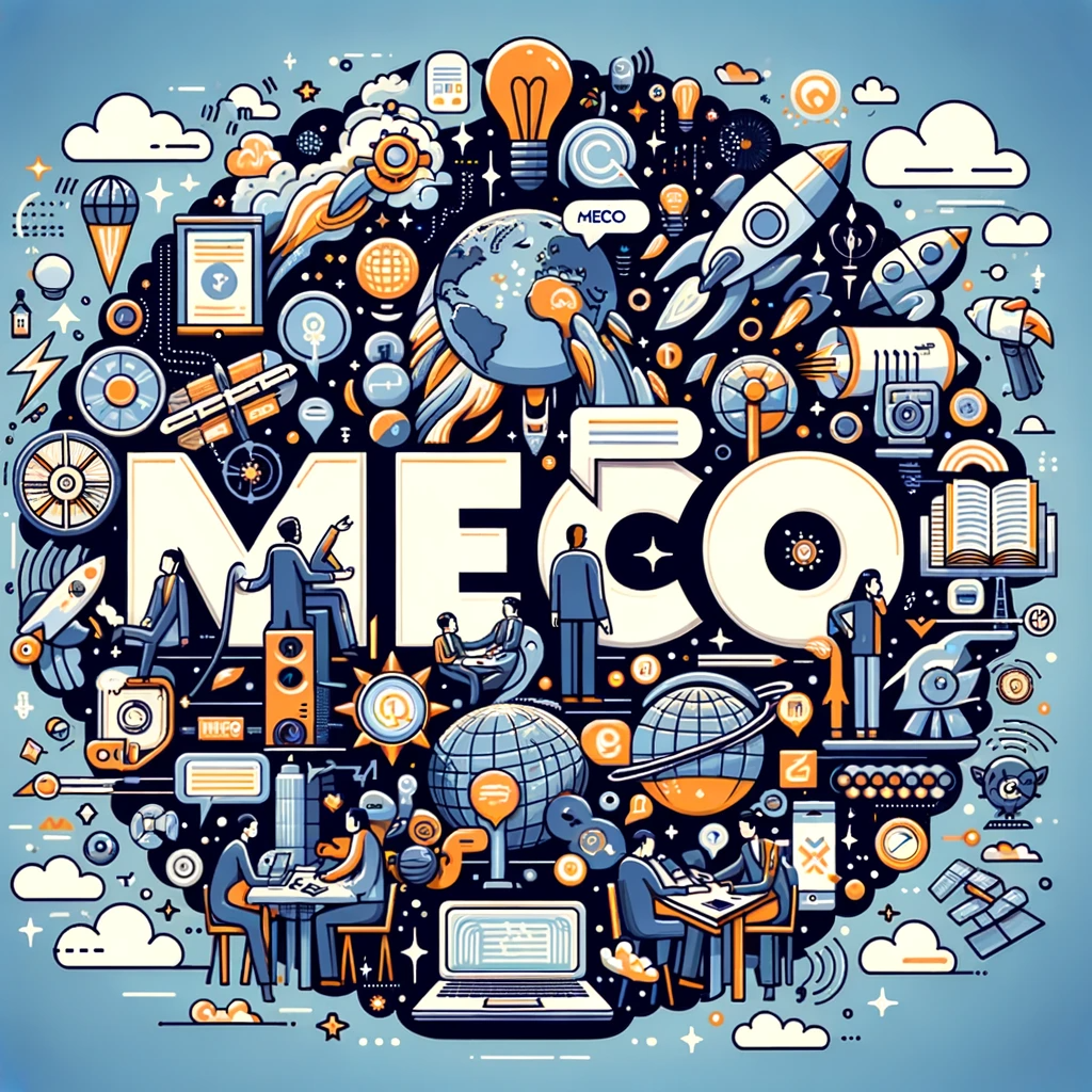 Vibrant illustration for rocket engine simulation game showcasing diverse elements of space exploration, innovation, and technology with MECO text centerpiece