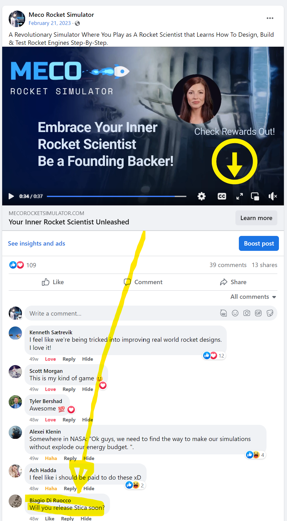 A Meco Rocket Simulator Facebook ad with Biagio asking "Will you release Stica soon?"
