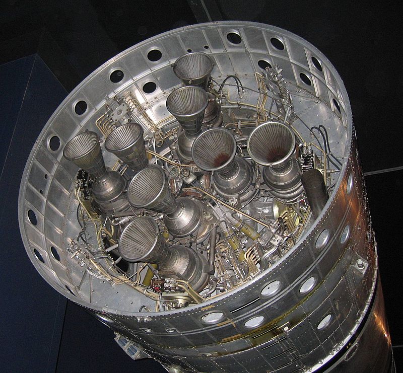 Photograph of a single Gamma-8 rocket engine mounted on the Black Arrow's first stage