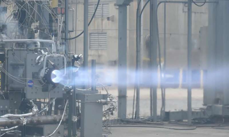 Engineers at NASA’s Marshall Space Flight Center in Huntsville, Alabama, conduct a successful, 251-second hot fire test of a full-scale Rotating Detonation Rocket Engine combustor in fall 2023, achieving more than 5,800 pounds of thrust. NASA